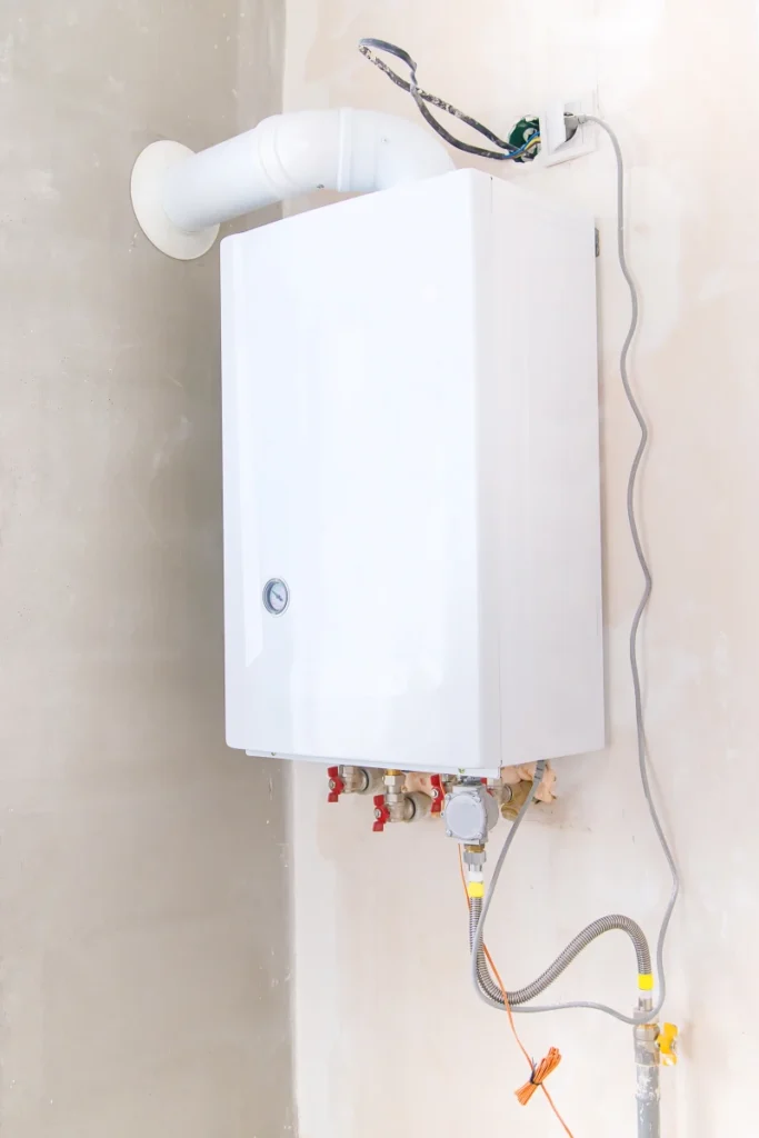 Reparación de Calentadores Eléctricos en Medellín Calentador eléctrico instalado con salida de ventilación; conexiones seguras y cableado organizado en pared